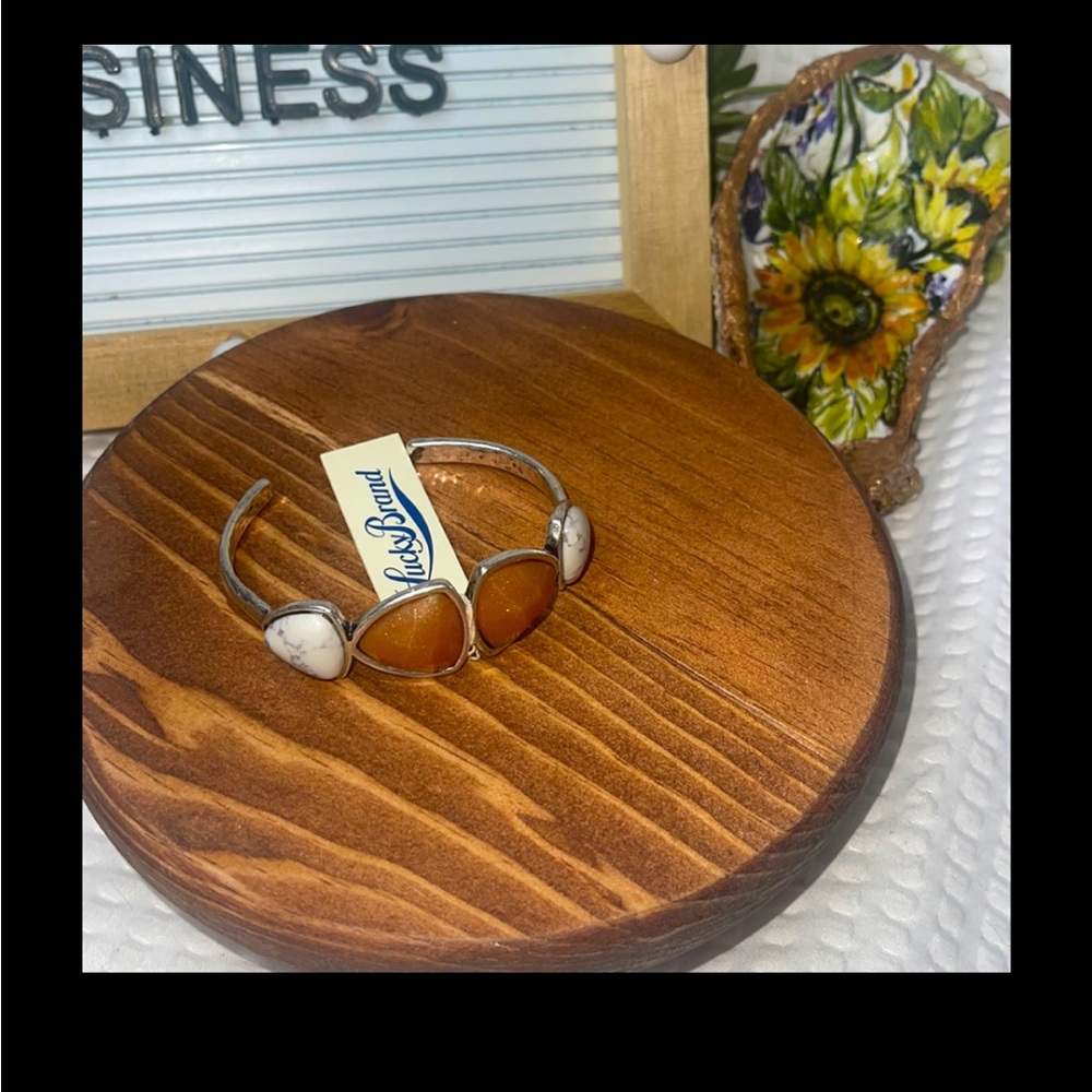 ☀️Lucky Brand Silver And Stone Bangle Cuff Bracelet NEW WITH TAGS Amber Co…